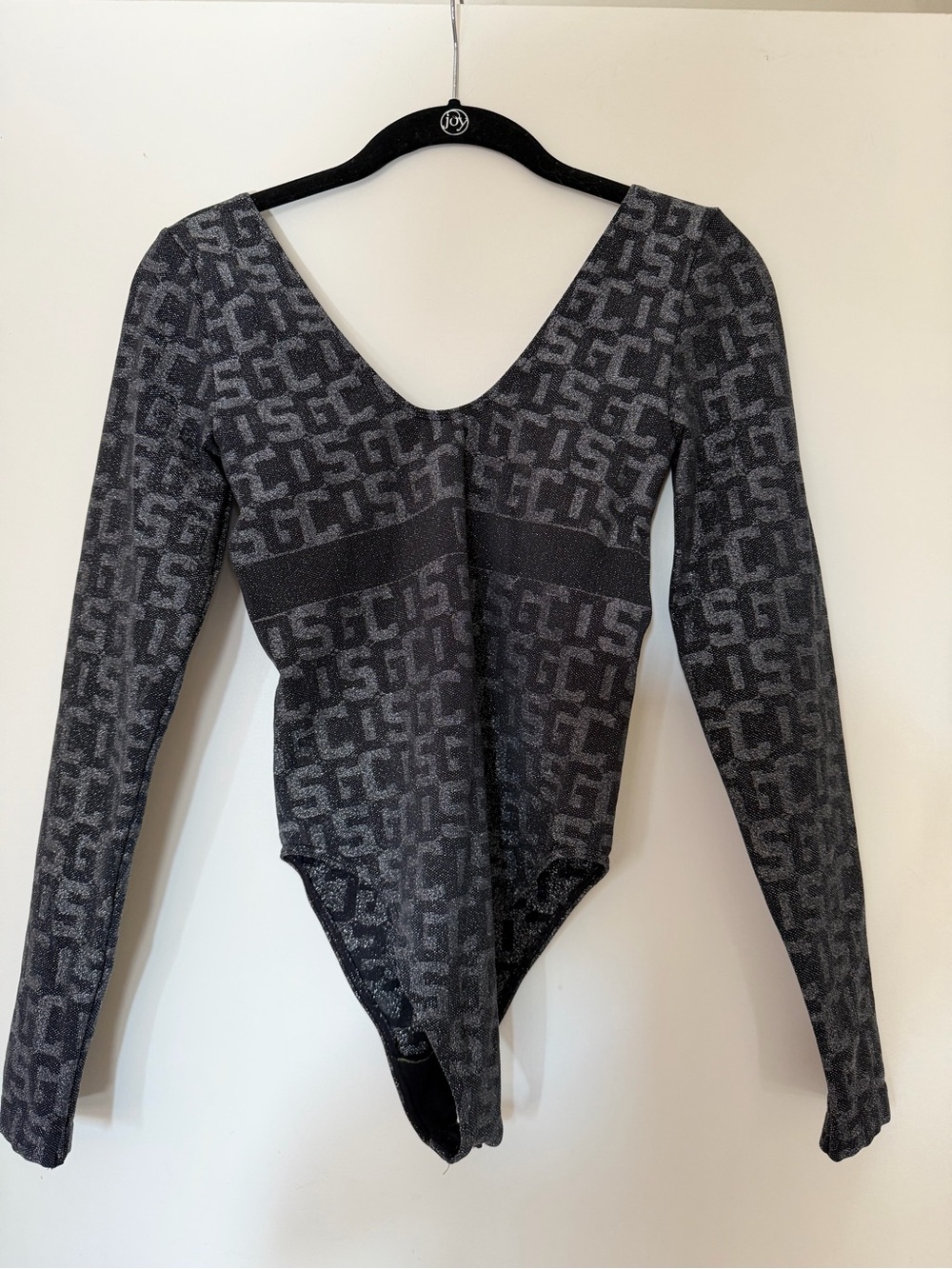 Women's Black Patterned Long-Sleeve V-Neck Bodysuit
